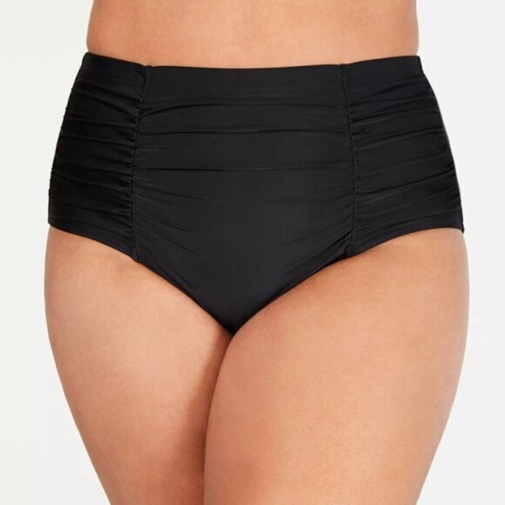 Island Escape Women’s High Waist Ruched Bikini Bottom Black Size 16 NWT